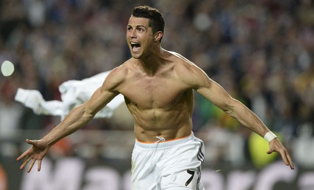 Real Madrid's Portuguese forward Cristiano Ronaldo celebrates after scoring during the UEFA Champions League Final Real Madrid vs Atletico de Madrid at Luz stadium in Lisbon, on May 24, 2014. AFP PHOTO/ FRANCK FIFE FBL-EUR-C1-REALMADRID-ATLETICO