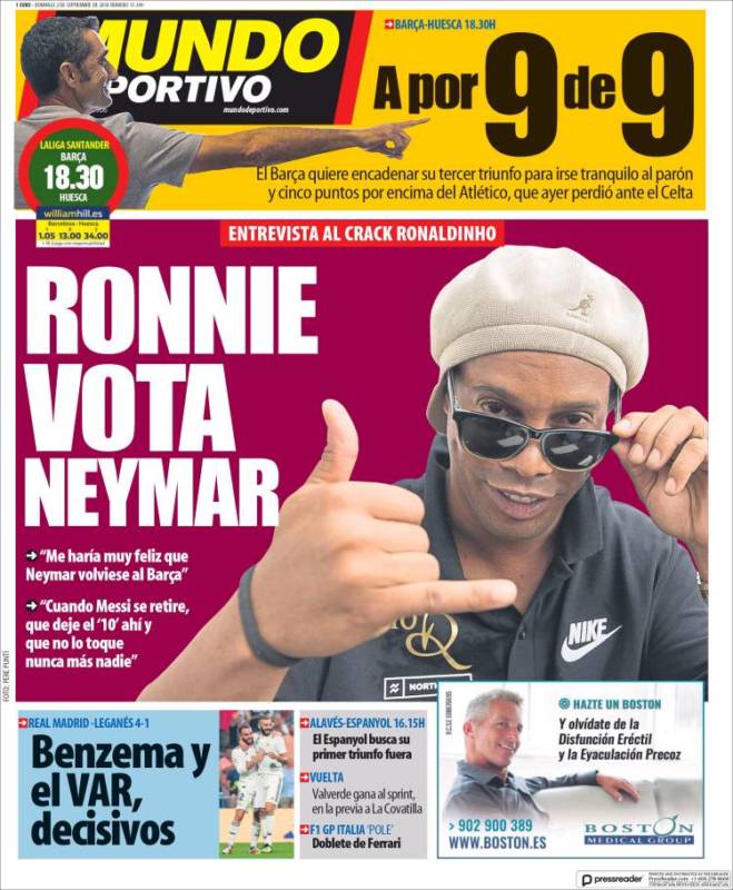 Mundo Deportivo Portada Ronnie 02.09.18