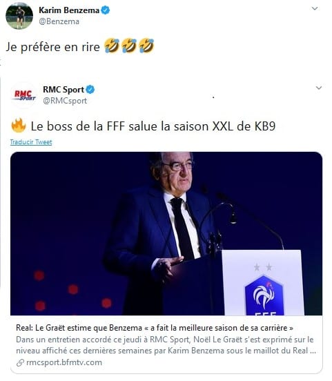 El tuit de Benzema por las declaraciones de Noël Le Graët