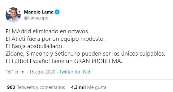 Tuit del periodista Manolo Lama.