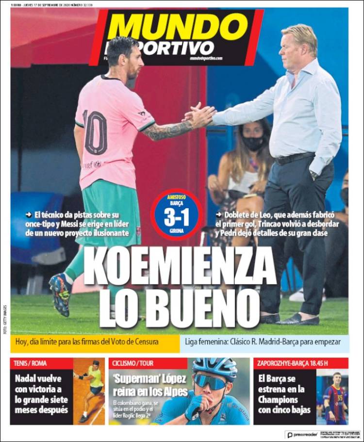 Portada Mundo Deportivo saludo Messi y Koeman