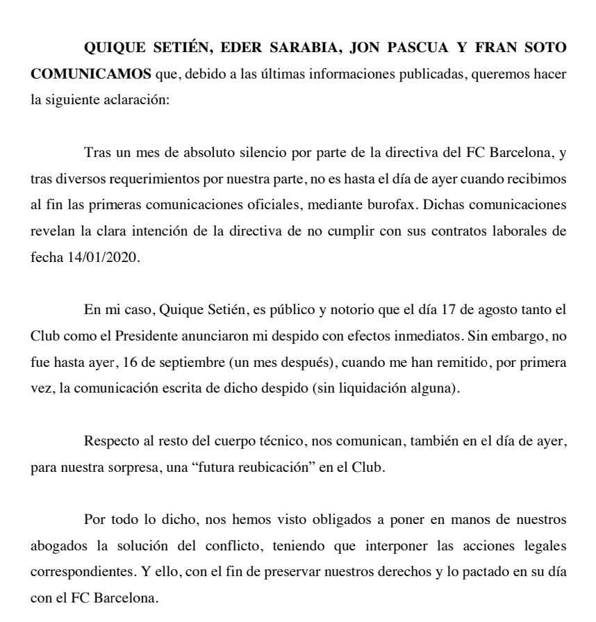 Comunicado de Setién.