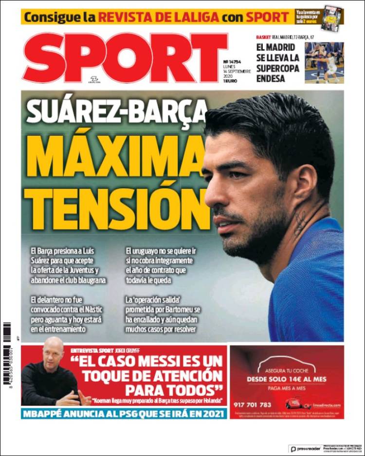 Portada Sport Suárez tensión Barça