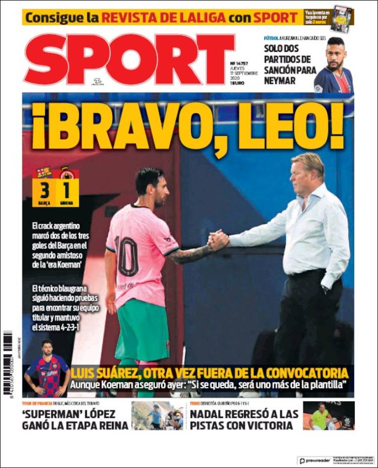 Portada Sport saludo Messi y Koeman