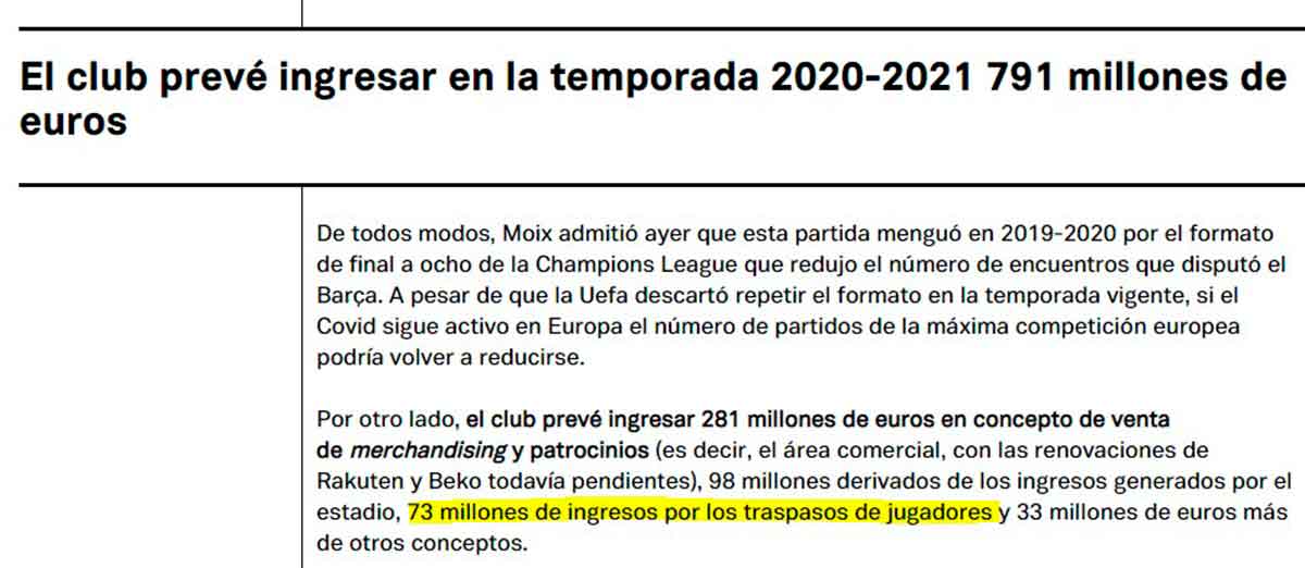 Previsión ingresos Barça 2021