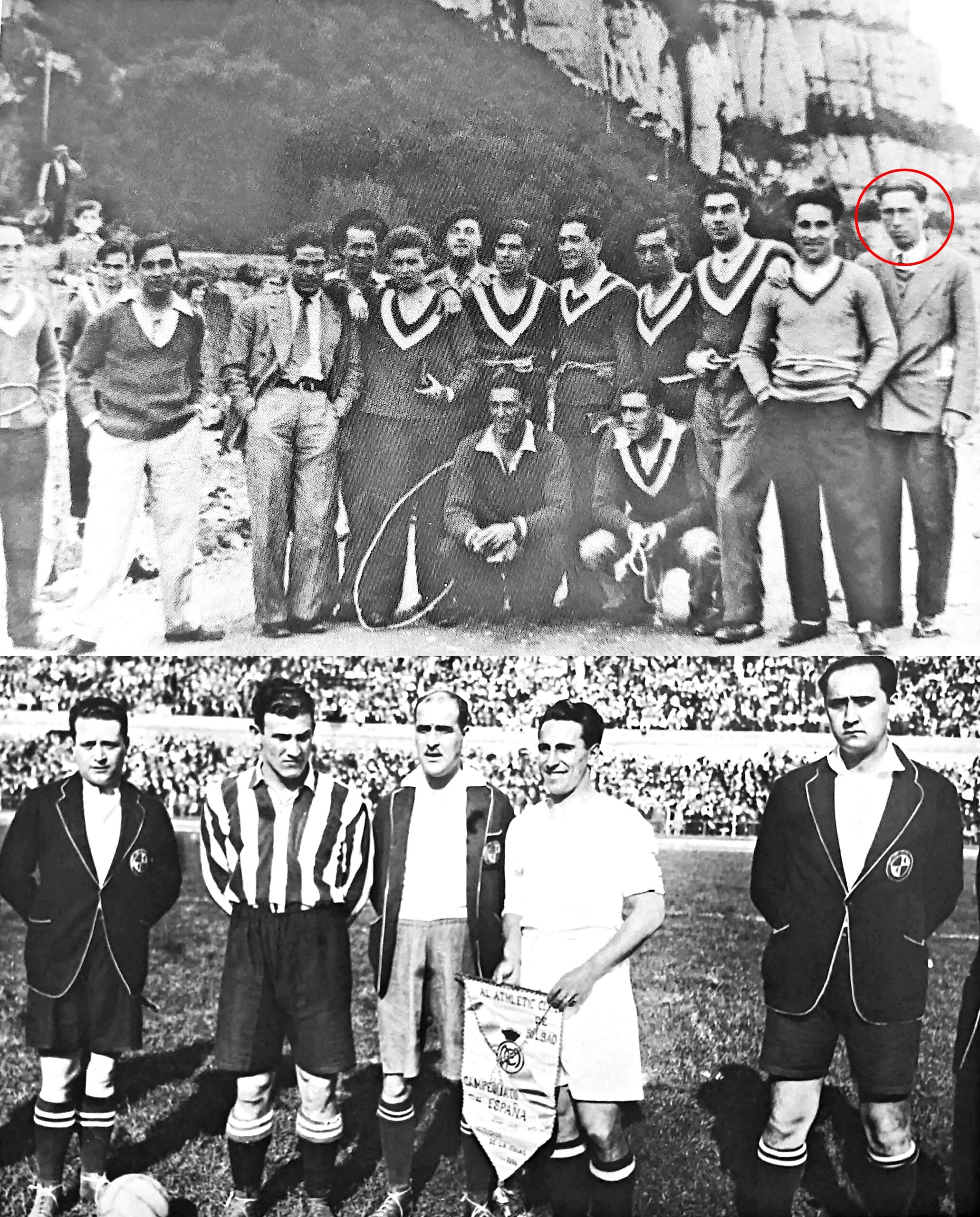 Hertzka con la plantilla en Montserrat y los capitanes madridista y bilbaíno antes de la final de Copa